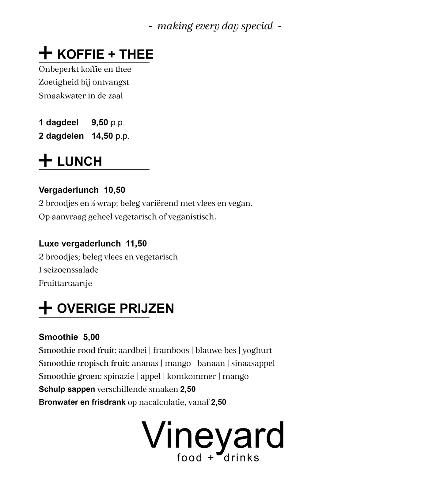 Vineyard food + drinks online meetings menu