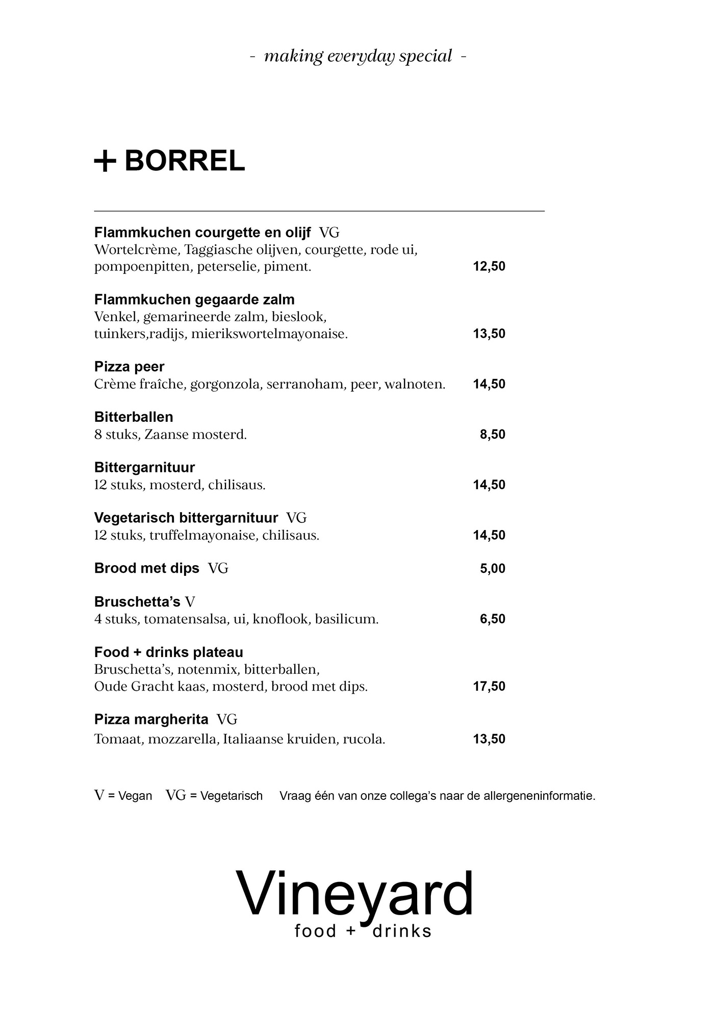 Vineyard food + drinks Utrecht borrel menukaart