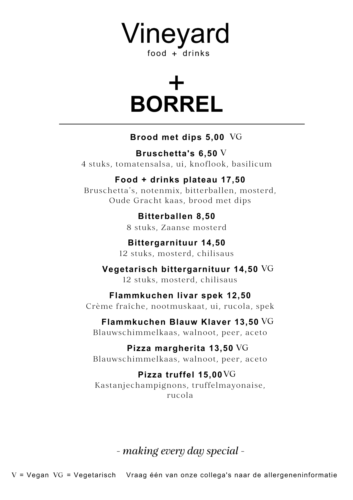 Borrel menukaart food + drinks Lage Weide