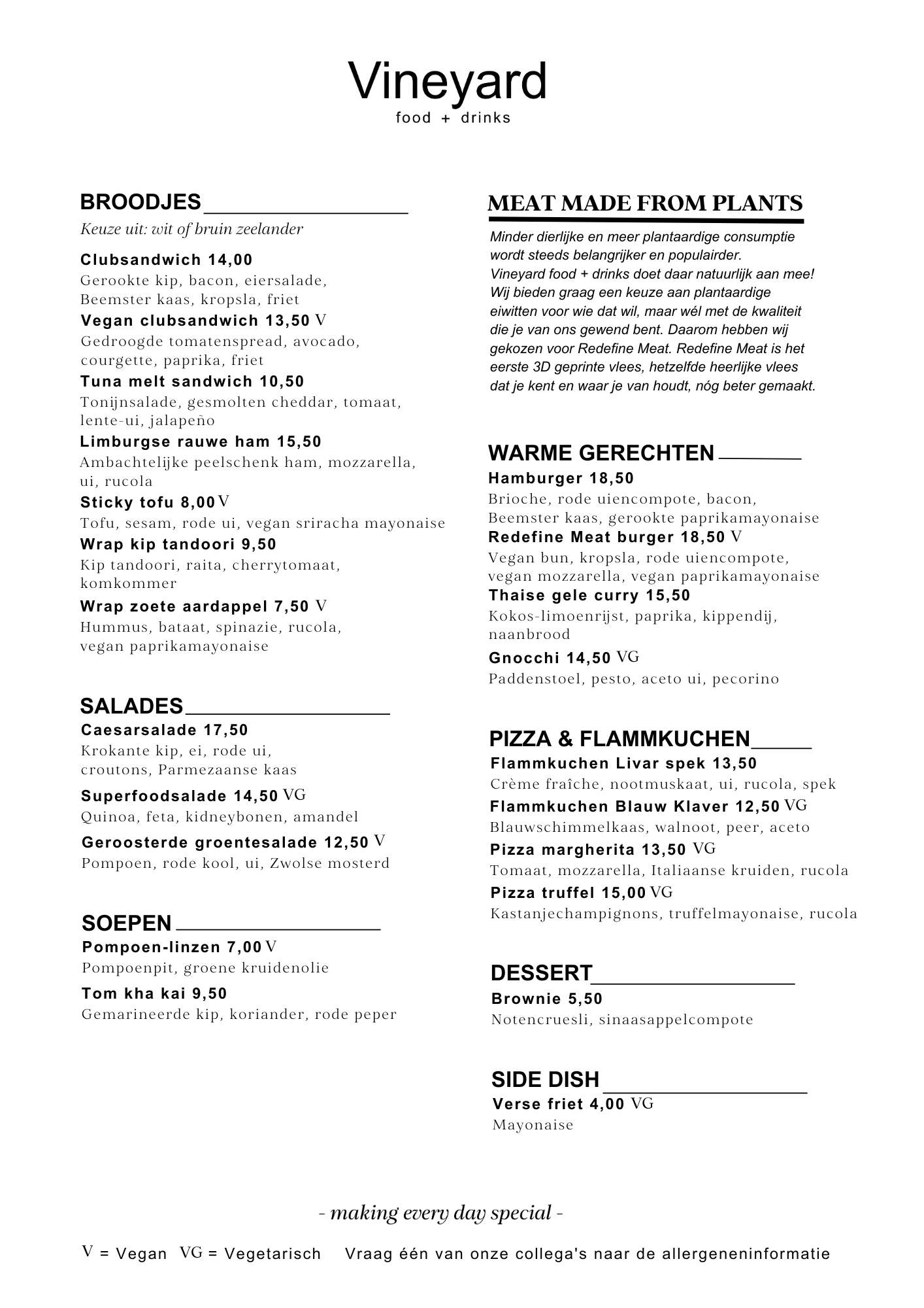 Vineyard food + drinks lunch menukaart